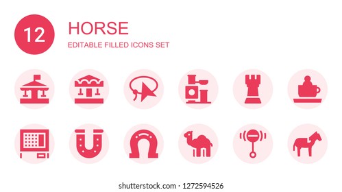 horse icon set. Collection of 12 filled horse icons included Carousel, Lasso, Toy, Rook, Rabbit hutch, Horseshoe, Dromedary, Rattle, Ride, Horse