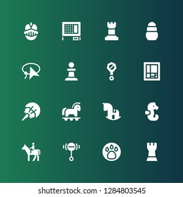horse icon set. Collection of 16 filled horse icons included Rook, Animal, Rattle, Horseback, Seahorse, Rocking horse, Trojan, Horseshoe, Mondrian, Pawn, Lasso, Toy, Chess, Rabbit hutch