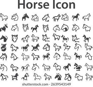 Horse icon Set. Set of silhouette of horses icon Set. Isolated black silhouette of galloping, jumping running, trotting, rearing horse on white background. Side view. stock illustration.eps

