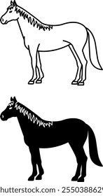 Iconos de caballo. Ilustraciones vectoriales blancas y negras. Caballo agraciado con melena, pezuñas y cola. Para el diseño de libros para colorear. Concepto de animales domésticos