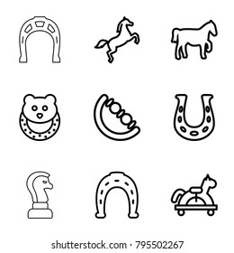 Horse icons. set of 9 editable outline horse icons such as baby toy, horseshoe