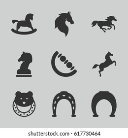 Horse icons set. set of 9 horse filled icons such as horse, baby toy