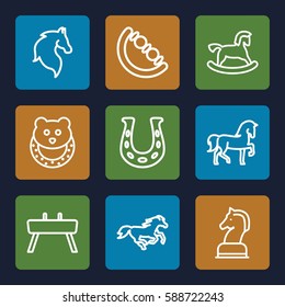 horse icons set. Set of 9 horse outline icons such as horse, baby toy
