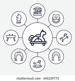 Horse icons set. set of 9 horse outline icons such as horse toy, baby toy, horseshoe, gymnastic apparatus