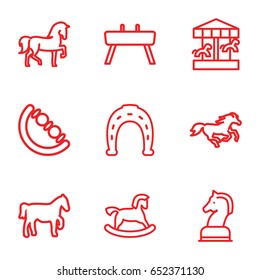 Horse icons set. set of 9 horse outline icons such as horse, baby toy, gymnastic apparatus