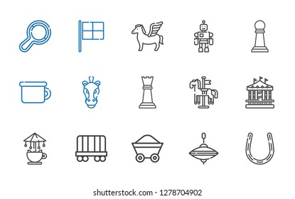 horse icons set. Collection of horse with horseshoe, whirligig, wagon, carousel, chess piece, potty, pawn, toy, pegasus, racing, rattle. Editable and scalable horse icons.