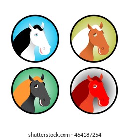 Horse icons set. Head of animal with multi-colored mane. Different breeds of horses
