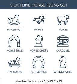 horse icons. Trendy 9 horse icons. Contain icons such as horse toy, Horseshoe, chess, carousel, toy horseshoe, chess horse. icon for web and mobile.