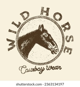 ilustración de caballo cabeza placa de diseño gráfico boceto vintage camiseta salvaje emblema de vaquero vaqueros dibujo logo occidental