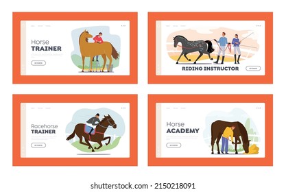 Horse Instructors Landing Page Template Set. Jockey Characters, Professional Horseman in Uniform with Whip Ready for Racing Competition. Equestrian Sport Race or Rides. Cartoon Vector Illustration