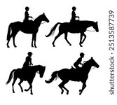 Horse with jockey, icons, clipart graphics. Set of horse rider silhouettes in different poses. Vector illustration isolated on a white background