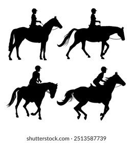 Caballo con jockey, íconos, Clipart gráficos. Conjunto de siluetas de jinete de caballo en diferentes poses. Ilustración vectorial aislada en un fondo blanco