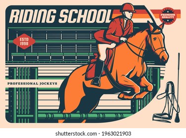 Horse With Jockey Jumping Over Hurdle. Equestrian Sport, Riding School, Dressage And Jumping Show Vector Retro Poster. Racehorse With Rider, Saddle, Whip And Harness On Hippodrome Race Track Or Arena