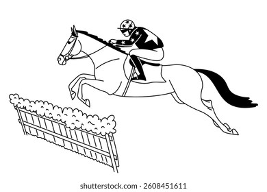 Horse and jockey jumping over a hurdle in a stylized black and white illustration
