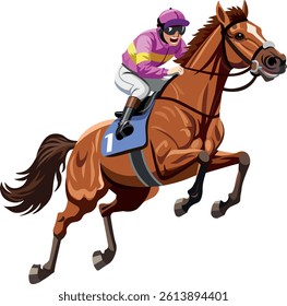 Horse with jockey on hippodrome sports competitions takes barrier view from below in jump Vector
