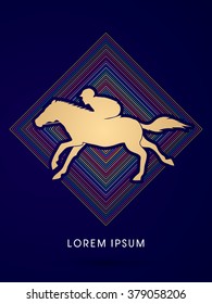 Horse with jockey, Horse racing designed on colorful line square background graphic vector.
