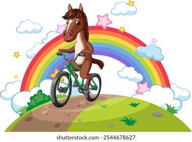 A horse joyfully rides a bicycle under a rainbow