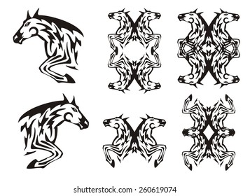Horse in a jump and horse frames in tribal style