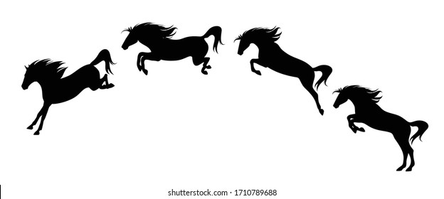 horse jump motion phases - black vector side view silhouette set of free mustang rushing forward