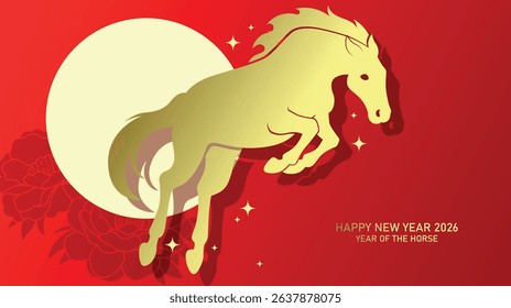 Horse jump pose silhouette for chinese new year 2026 vector illustration. Golden zodiac horse on red background with peonies pattern.