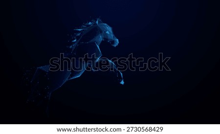 Horse is jumping in the air with its head up. low poly and wireframe lines design