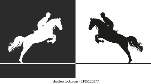 Horse jumping. Black and white silhouette vector images rider on jumping horse