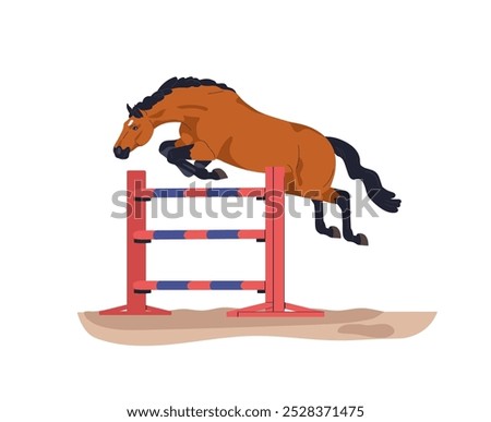 Horse jumping, leaping over hurdle in equine sport event. Athletic agile thoroughbred stallion performing showjumping, training with barrier. Flat vector illustration isolated on white background