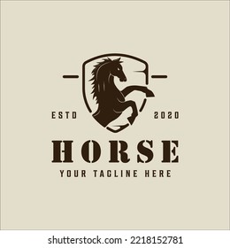 horse jumping on shield emblem logo vector vintage illustration template icon graphic design. stallion wild animal sign or symbol for farm and ranch concept or mascot delivery industry or logistic