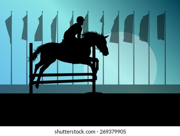 Horse jumping, overcoming obstacles, equestrian sport show with horse and rider vector background concept