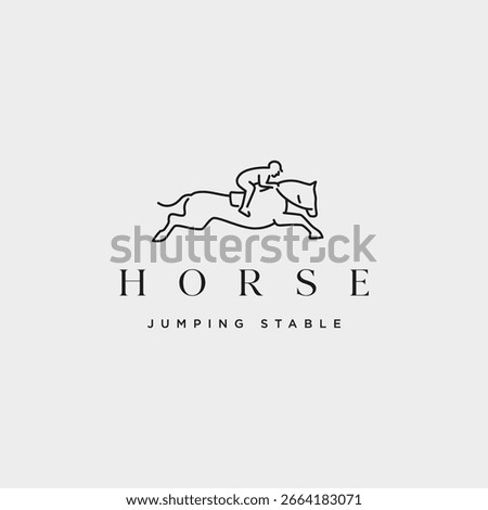 Horse jumping stable line art outline logo design. Elegant show jumping horse icon. Equestrian symbol logo icon