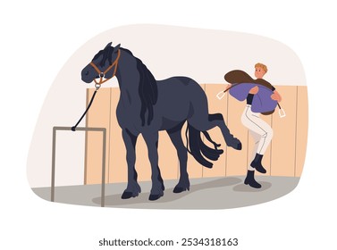 Caballo pateando con patas traseras, negándose a ensillar. Desobediente mal comportamiento equino, jinetes problema con semental. Desobediencia equina. Ilustración vectorial plana aislada sobre fondo blanco