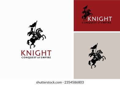 Horse Knight Silhouette, Medieval Horseman Horseback Warrior bring Pike Spear War Banner Flag Silhouette Logo Design