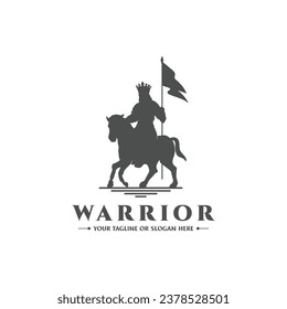 Horse Knight Silhouette, Medieval Horseman Horseback Warrior bring Pike Spear War Banner Flag Silhouette Logo