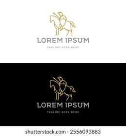 Horse Knight Silhouette, Medieval Horseman Horseback Warrior bring Pike Spear and Shield Line Style Logo Design Vector