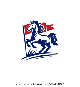 Horse Knight Stallion With Flag for Animal Wildlife or Stable Barn Ranch Farm Logo Design