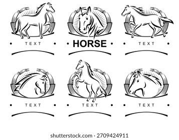Etiquetas de caballo y conjunto de iconos. Iconos de colección caballo. Vector 