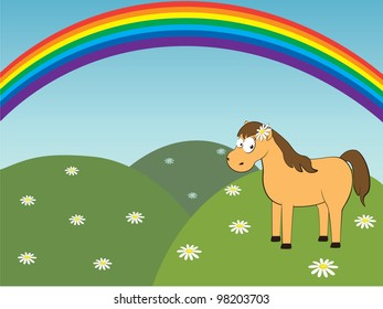 horse with landscape in background and rainbow in the sky. vector illustration.