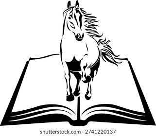 A horse leaping from an open book in black and white illustration