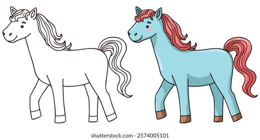 Horse Line Art Vector Outline Illustration Black and White with Coloring Sample. Bold and Easy Farm and Domestic Animal Coloring Pages for Adults and Kids.