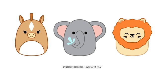 Caballo, león, elefante. Squishmallow. Delicioso juguete de peluche suave. Almohada. Kawaii, caricatura. Ilustración vectorial aislada eps 10