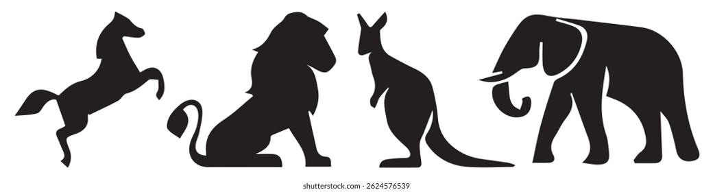 Símbolo de sinal de ilustração de vetor de cavalo, leão, canguru e elefante. Eps 10
