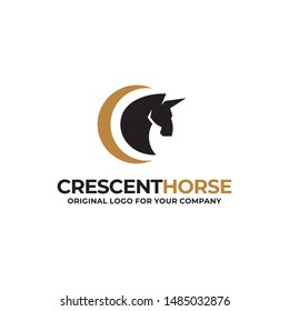 Horse logo design with a crescent moon. 
can be used as symbols, brand identity, icons, or others. Animal logo inspiration. Color and text can be changed according to your need.