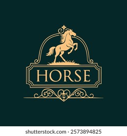 Horse logo design. Equine stables icon. Equestrian horse symbol. Dressage emblem. Stallion brand identity sign. Vector illustration.