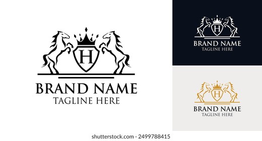 Horse logo design vector template, Retro crest with shield and two horses. Can be used as a logo