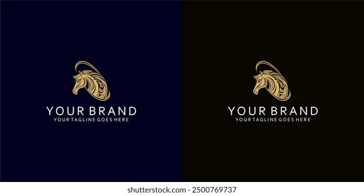 Un logo de caballo con adornos dinámicos que da una impresión elegante, firme y fuerte