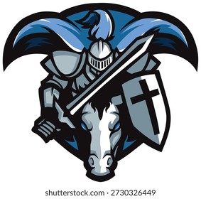 Logotipo do cavalo Emblema guerreiro Escudo Espada Mascote Vetor	