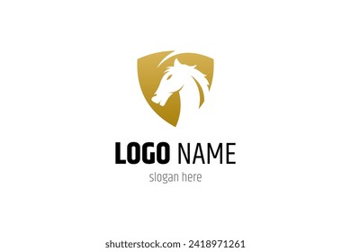 Horse logo inside a shield with gold color gradient concept in flat vector design template style.