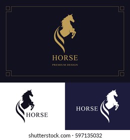 Horse Logo. King Stallion In Jump. Racehorse Head Profile. Stylish Graphic Template Design For Company, Farm, Race. Vector Illustration