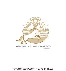 horse logo with a mountain background made with gold lines