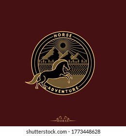 horse logo with a mountain background made with gold lines
